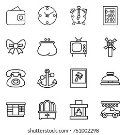 thin line icon set : wallet, clock, alarm, abacus, bow, purse, tv, windmill, phone, anchor, photo, service bell, wardrobe, dresser, fireplace, car wash
