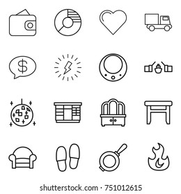 thin line icon set : wallet, circle diagram, heart, truck, money message, lightning, necklace, drawbridge, disco ball, wardrobe, dresser, stool, armchair, slippers, pan, fire