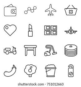 thin line icon set : wallet, graph, plane, delete cart, heart, lipstick, panel house, scooter shipping, stool, vacuum cleaner, pancakes, eggplant, garden, foam bucket, do not distrub