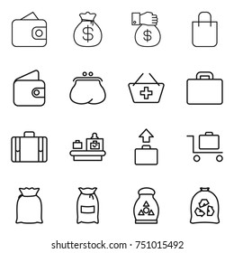 thin line icon set : wallet, money bag, gift, shopping, purse, add to basket, suitcase, baggage checking, trolley, flour, fertilizer, garbage