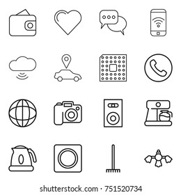 thin line icon set : wallet, heart, discussion, phone wireless, cloud, car pointer, cpu, globe, camera, speaker, coffee maker, kettle, ring button, rake, hard reach place cleaning