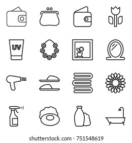 thin line icon set : wallet, purse, perishable, uv cream, hawaiian wreath, flower in window, mirror, hair dryer, slippers, towels, sprayer, soap, shampoo, bath