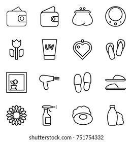 thin line icon set : wallet, purse, necklace, perishable, uv cream, heart pendant, flip flops, flower in window, hair dryer, slippers, sprayer, soap, shampoo