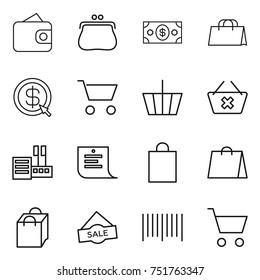 thin line icon set : wallet, purse, money, shopping bag, dollar arrow, cart, basket, delete, store, list, sale, bar code