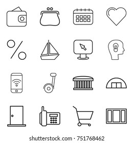 thin line icon set : wallet, purse, calendar, heart, percent, boat, monitor arrow, bulb head, phone wireless, segway, airport building, hangare, door, cart, window