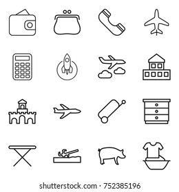 thin line icon set : wallet, purse, phone, plane, calculator, rocket, journey, cottage, fort, suitcase, chest of drawers, iron board, soil cutter, pig, handle washing