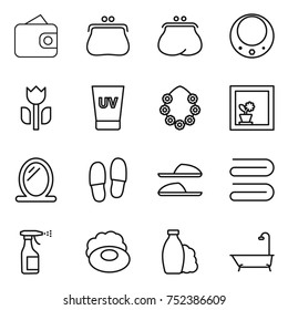 thin line icon set : wallet, purse, necklace, perishable, uv cream, hawaiian wreath, flower in window, mirror, slippers, towel, sprayer, soap, shampoo, bath