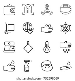 thin line icon set : wallet, fingerprint, spinner, smart bracelet, cargo stoller, delivery, acid, handwheel, coffee maker, rag, thermometer, sow, hand drop, sprayer, soap, and