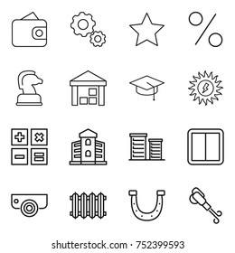 thin line icon set : wallet, gear, star, percent, chess horse, warehouse, graduate hat, sun power, calculator, building, district, switch, surveillance camera, radiator, horseshoe, blower