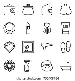 thin line icon set : wallet, purse, necklace, lipstick, perishable, uv cream, heart pendant, flower in window, hair dryer, slippers, sprayer, soap, bath