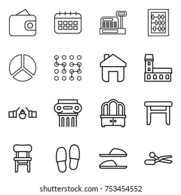 thin line icon set : wallet, calendar, cashbox, abacus, diagram, chip, home, mansion, drawbridge, antique column, dresser, stool, chair, slippers, scissors