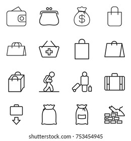 thin line icon set : wallet, purse, money bag, shopping, add to basket, tourist, passenger, suitcase, baggage get, flour, construct garbage
