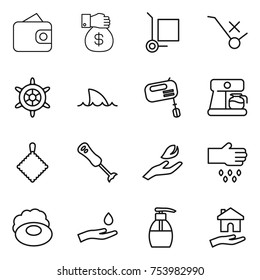 thin line icon set : wallet, money gift, cargo stoller, do not trolley sign, handwheel, shark flipper, mixer, coffee maker, rag, blender, hand leaf, sow, soap, and drop, liquid, housing