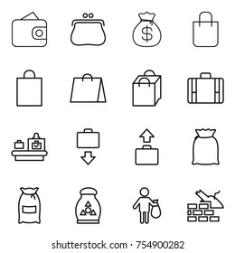 thin line icon set : wallet, purse, money bag, shopping, suitcase, baggage checking, get, flour, fertilizer, trash, construct garbage