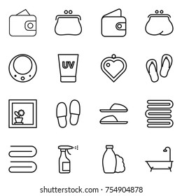 thin line icon set : wallet, purse, necklace, uv cream, heart pendant, flip flops, flower in window, slippers, towels, towel, sprayer, shampoo, bath