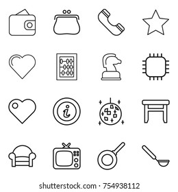 Thin Line Icon Set : Wallet, Purse, Phone, Star, Heart, Abacus, Chess Horse, Chip, Info, Disco Ball, Stool, Armchair, Tv, Pan, Ladle