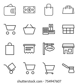 thin line icon set : wallet, money, shopping bag, cart, basket, store, market, atm receipt, signboard, shop, trolley, turk