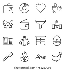 thin line icon set : wallet, circle diagram, heart, satellite, bow, funnel, castle, district, anchor, chest of drawers, egg timer, chef knife, fire, scissors, chicken