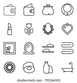 thin line icon set : wallet, purse, necklace, lipstick, perishable, hawaiian wreath, heart pendant, flower in window, mirror, slippers, towel, soap, shampoo, bath