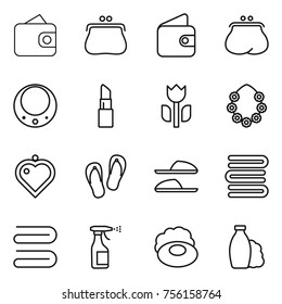 Thin line icon set : wallet, purse, necklace, lipstick, perishable, hawaiian wreath, heart pendant, flip flops, slippers, towels, towel, sprayer, soap, shampoo