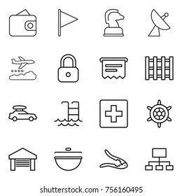 Thin line icon set : wallet, flag, chess horse, satellite antenna, weather management, lock, atm receipt, pallet, car baggage, pool, first aid, handwheel, garage, cauldron, walnut crack, hierarchy