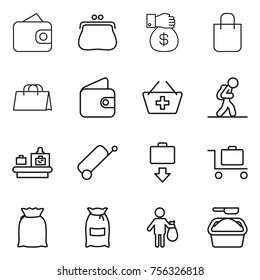 Thin line icon set : wallet, purse, money gift, shopping bag, add to basket, tourist, baggage checking, suitcase, get, trolley, flour, trash, washing powder