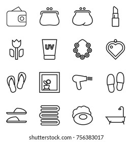Thin line icon set : wallet, purse, lipstick, perishable, uv cream, hawaiian wreath, heart pendant, flip flops, flower in window, hair dryer, slippers, towels, soap, bath