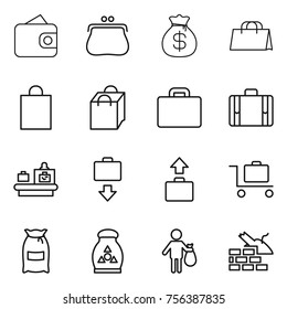 Thin line icon set : wallet, purse, money bag, shopping, suitcase, baggage checking, get, trolley, flour, fertilizer, trash, construct garbage
