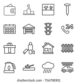 thin line icon set : wallet, pedestal, tools, nail, calendar, garage, traffic light, phone 24, hi quality package, passenger, home, radiator, kettle, soil cutter, rain cloud, car wash