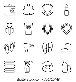 thin line icon set : wallet, purse, necklace, lipstick, perishable, uv cream, hawaiian wreath, heart pendant, flip flops, hair dryer, slippers, towels, sprayer, soap, shampoo