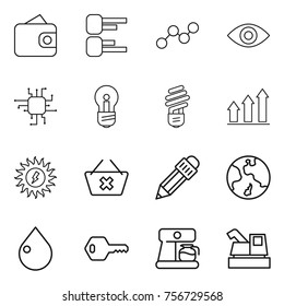 Thin line icon set : wallet, diagram, graph, eye, chip, bulb, up, sun power, delete cart, pencil, earth, drop, key, coffee maker, harvester