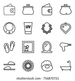 Thin line icon set : wallet, purse, necklace, uv cream, hawaiian wreath, heart pendant, flip flops, flower in window, mirror, hair dryer, slippers, soap, bath