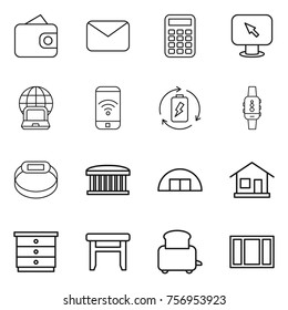 Thin line icon set : wallet, mail, calculator, monitor arrow, notebook globe, phone wireless, battery charge, smart watch, bracelet, airport building, hangare, home, chest of drawers, stool, toaster