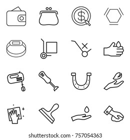 Thin line icon set : wallet, purse, dollar arrow, hex molecule, smart bracelet, cargo stoller, do not trolley sign, acid, mixer, blender, horseshoe, hand leaf, wiping, scraper, and drop