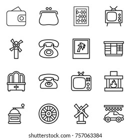 Thin line icon set : wallet, purse, abacus, tv, windmill, phone, photo, wardrobe, dresser, fireplace, hand mill, wheel, car wash