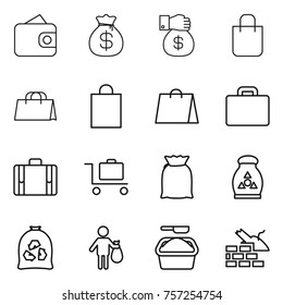 Thin line icon set : wallet, money bag, gift, shopping, suitcase, baggage trolley, flour, fertilizer, garbage, trash, washing powder, construct
