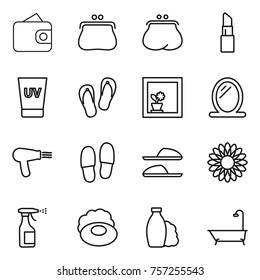 Thin line icon set : wallet, purse, lipstick, uv cream, flip flops, flower in window, mirror, hair dryer, slippers, sprayer, soap, shampoo, bath
