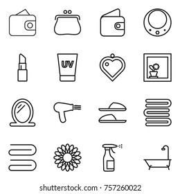 Thin line icon set : wallet, purse, necklace, lipstick, uv cream, heart pendant, flower in window, mirror, hair dryer, slippers, towels, towel, sprayer, bath