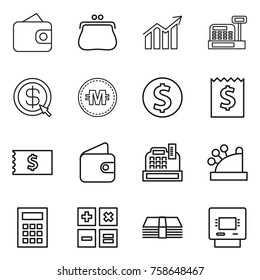 Thin line icon set : wallet, purse, diagram, cashbox, dollar arrow, crypto currency, coin, receipt, calculator, money, atm