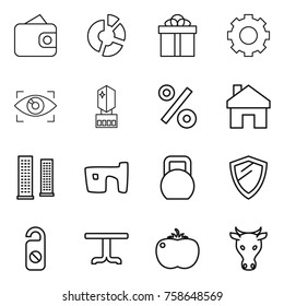 Thin line icon set : wallet, circle diagram, gift, gear, eye identity, crystall memory, percent, home, skyscrapers, slum, heavy, shield, do not distrub, table, tomato, cow