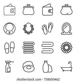 Thin line icon set : wallet, purse, necklace, hawaiian wreath, flip flops, mirror, slippers, towels, towel, flower, sprayer, soap, shampoo, bath