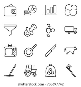 Thin line icon set : wallet, diagram, graph, funnel, nipple, satellite, shipping, tv, pan, knife, cow, rake, tractor, garbage bag, tooth brush