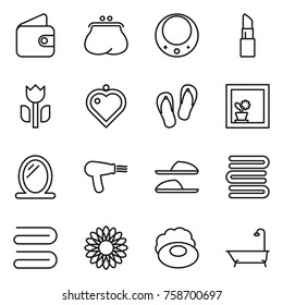 Thin line icon set : wallet, purse, necklace, lipstick, perishable, heart pendant, flip flops, flower in window, mirror, hair dryer, slippers, towels, towel, soap, bath