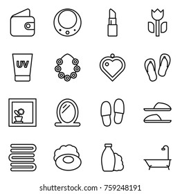 Thin line icon set : wallet, necklace, lipstick, perishable, uv cream, hawaiian wreath, heart pendant, flip flops, flower in window, mirror, slippers, towels, soap, shampoo, bath