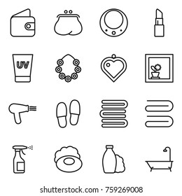 Thin line icon set : wallet, purse, necklace, lipstick, uv cream, hawaiian wreath, heart pendant, flower in window, hair dryer, slippers, towels, towel, sprayer, soap, shampoo, bath
