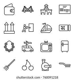 Thin line icon set : wallet, bridge, fort, invoice, cargo top sign, courier delivery, sail boat, ticket, hawaiian wreath, transfer, tv, fridge, fork, cherry, water pump, brush