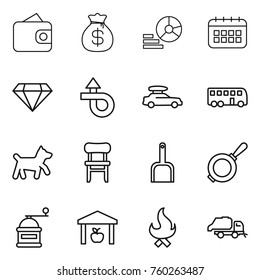 Thin line icon set : wallet, money bag, diagram, calendar, diamond, trip, car baggage, bus, dog, chair, scoop, pan, hand mill, warehouse, fire, trash truck
