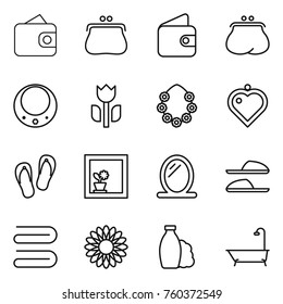 Thin line icon set : wallet, purse, necklace, perishable, hawaiian wreath, heart pendant, flip flops, flower in window, mirror, slippers, towel, shampoo, bath