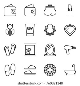 Thin line icon set : wallet, purse, lipstick, perishable, uv cream, hawaiian wreath, heart pendant, flip flops, flower in window, mirror, hair dryer, slippers, bath