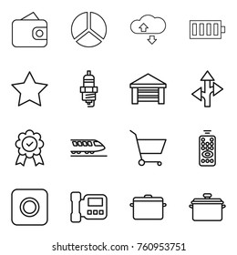 Thin line icon set : wallet, diagram, cloude service, battery, star, spark plug, garage, route, medal, train, cart, remote control, ring button, intercome, pan